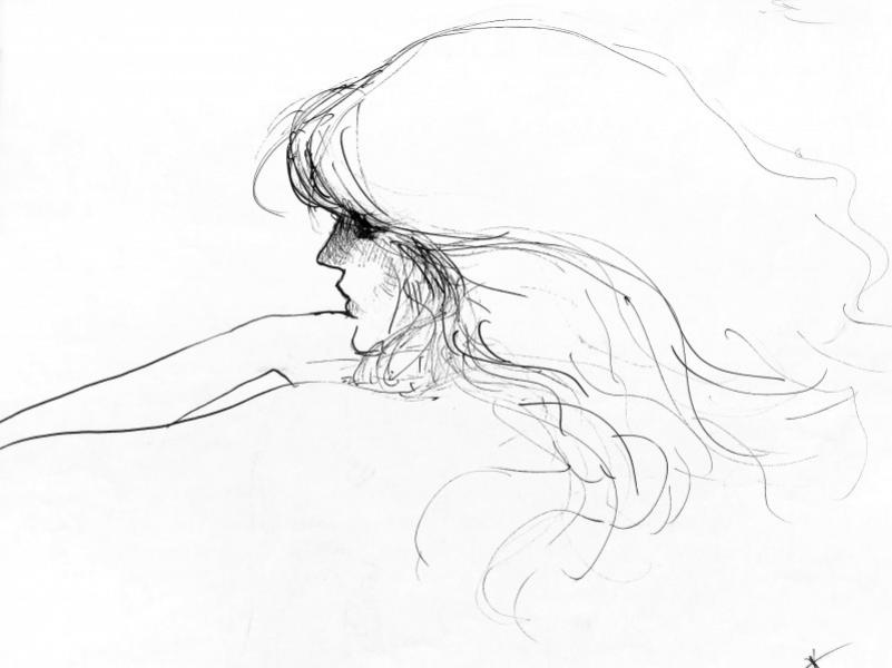 Femme de profil, cheveux au vent. René GRUAU