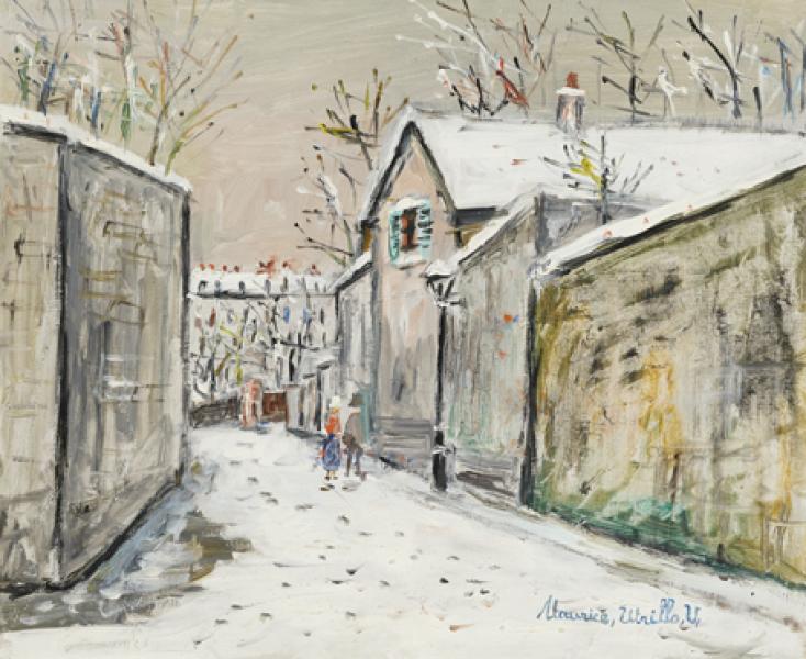 Rue Saint-Vincent et chaumière d'Henri IV sous la neige, Montmartre, circa 1948