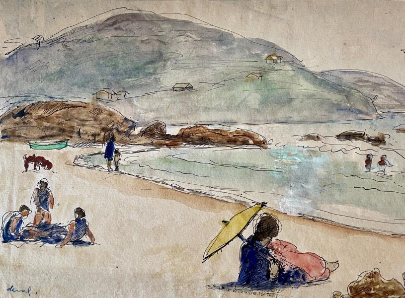Femme à l’ombrelle jaune sur la plage