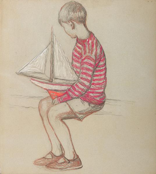 Petit garçon au bateau assis au bord du bassin Henri MARTIN