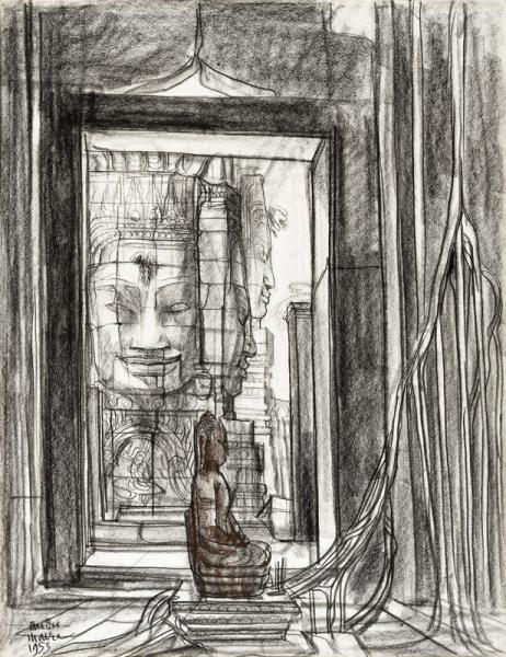 Angkor Thom, le Bayon vu depuis l'intérieur d'un temple, 1955