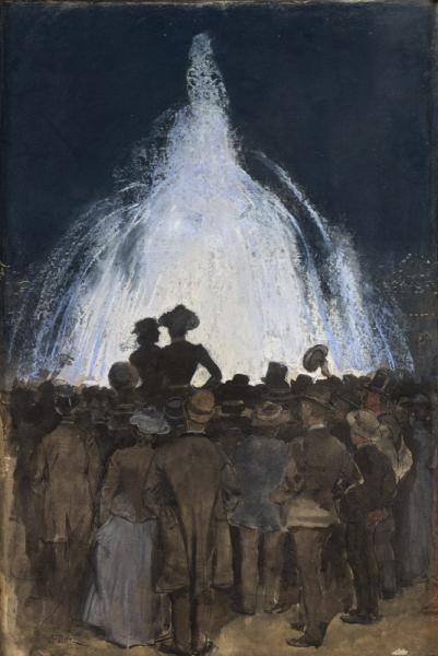 Foule devant la fontaine lumineuse de l'Exposition Universelle de 1889