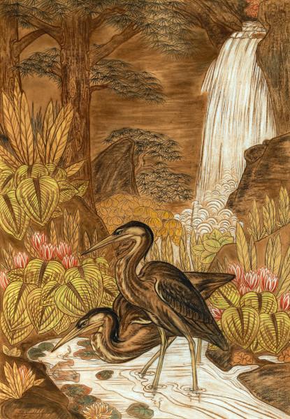 Couple de hérons pêchant sous une cascade, 1935