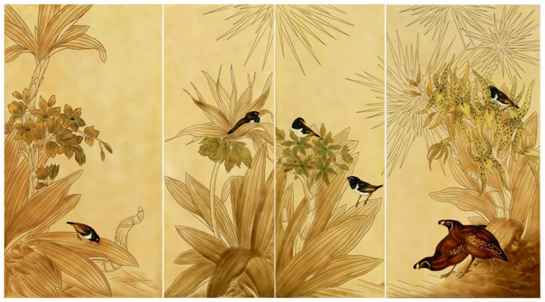 Hirondelles de Chine et colins de Californie dans les ophrys en fleurs, circa 1955 Gaston SUISSE