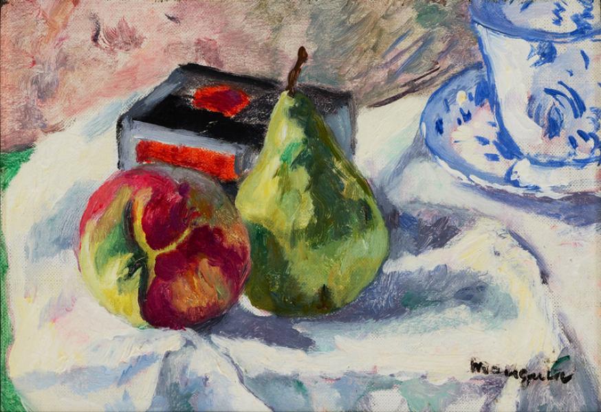 Poire et pêche, tapis bleu, 1937