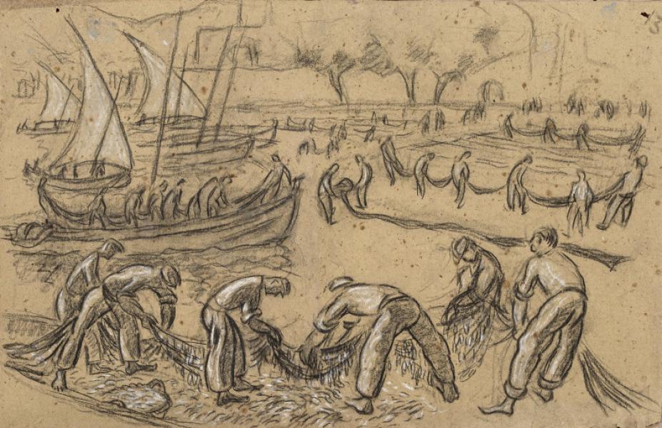 Collioure, pêcheurs défaisant les filets