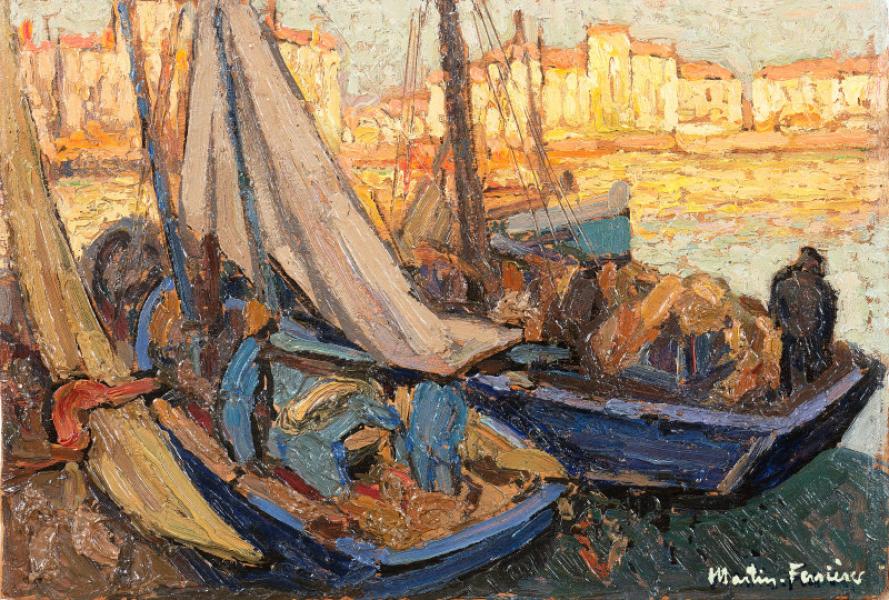 La Rochelle, barques et voiles dans l’ombre, vers 1928