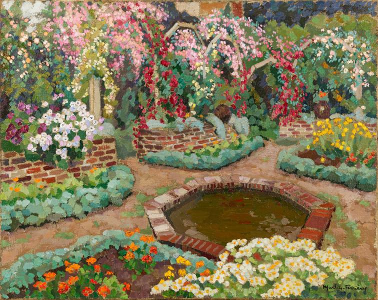 Le bassin hexagonal du jardin de Neuilly, roseraie en fleurs