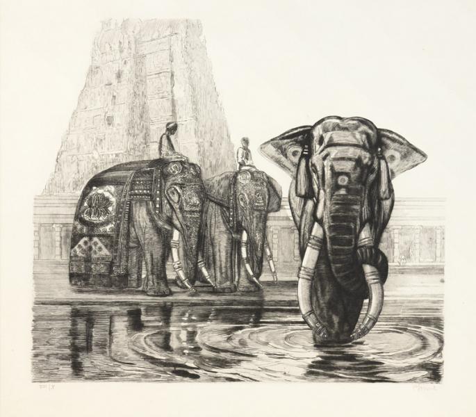 Éléphants sacrés devant le temple de Madura, c. 1930