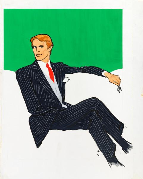 Costume rayé, cravate rouge, fond vert. Projet d'illustration pour la maison Dormeuil, c. 1980. René GRUAU
