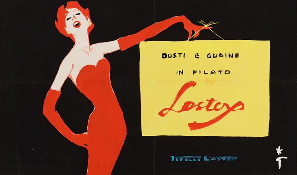 Gantée de rouge. Projet pour Pirelli Lastex. René GRUAU