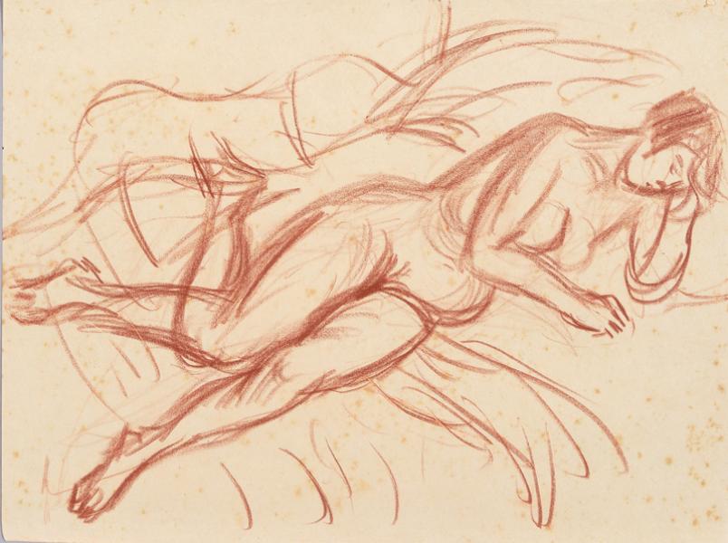 Femme nue sur le flanc, accoudée