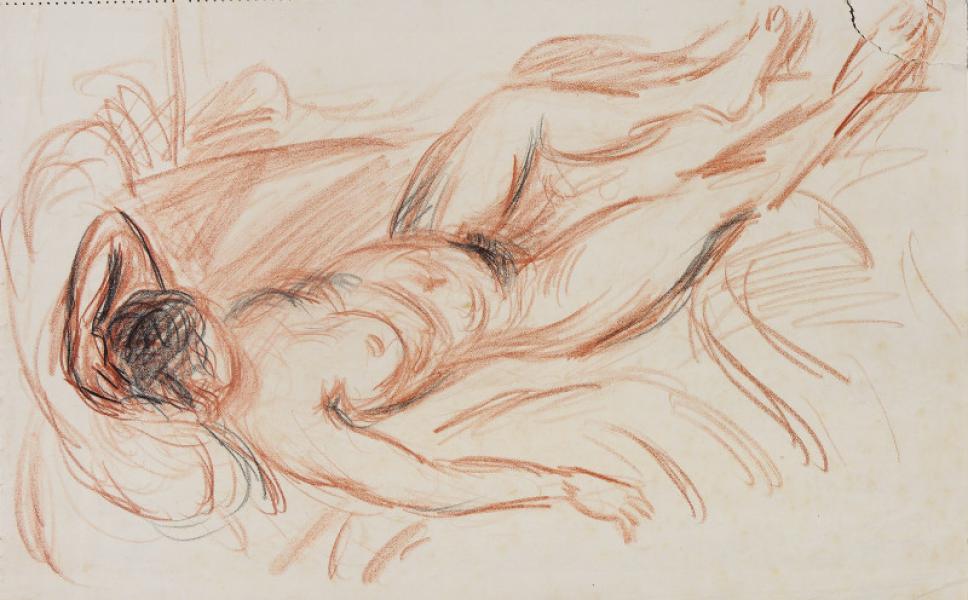 Femme nue étendue, un bras replié sous la tête