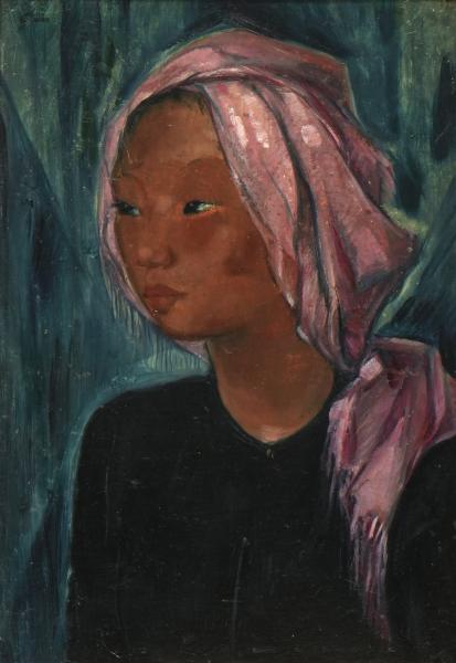 Portrait de cambodgienne au turban rose