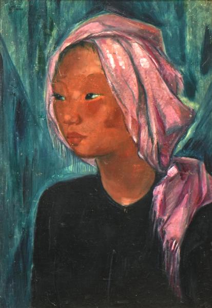 Portrait de cambodgienne au turban rose