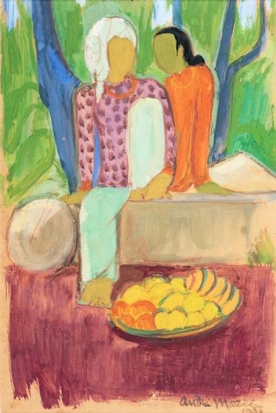 Vietnam, personnages assis devant corbeille de fruits, 1954