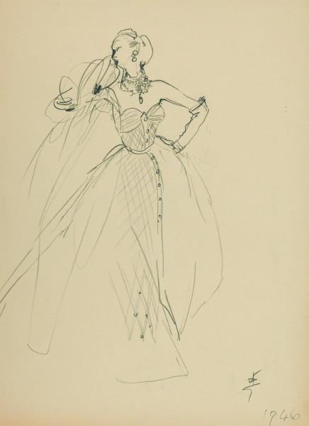 Projet de mode, une robe, 1946. René GRUAU