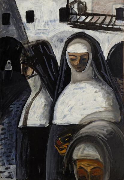 Religieuses devant les arcades, vers 1909.