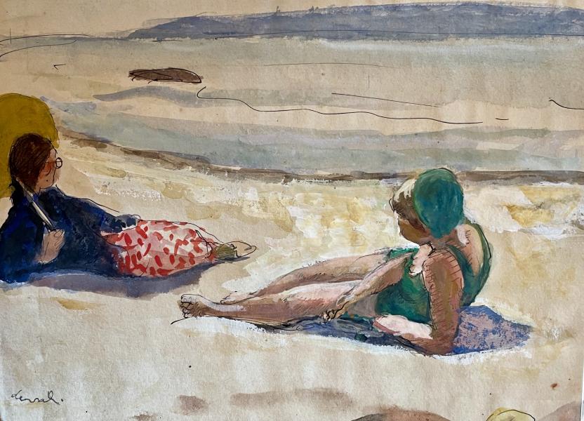 Sur la plage, ombrelle jaune et maillot vert