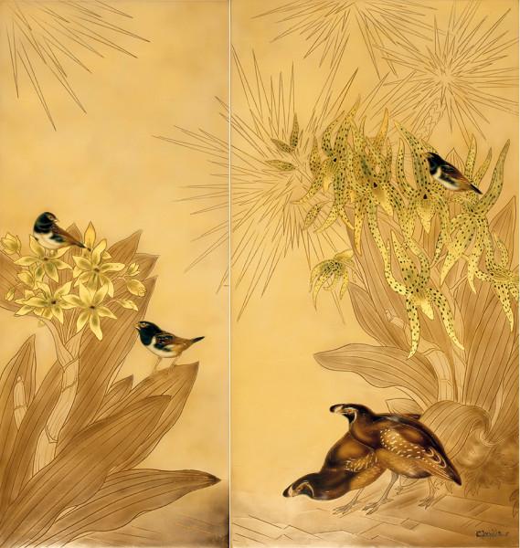 Hirondelles de Chine et colins de Californie dans les orphys en fleurs, circa 1955