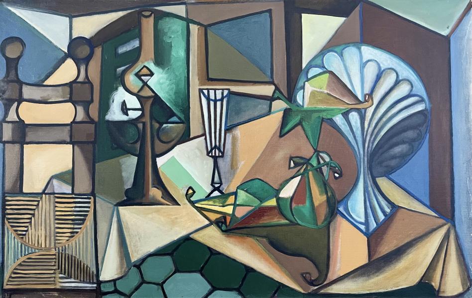Nature morte, chaise en paille, lampe à huile, verre en cristal et fruit, janvier 1985 Georges-Henri PESCADERE