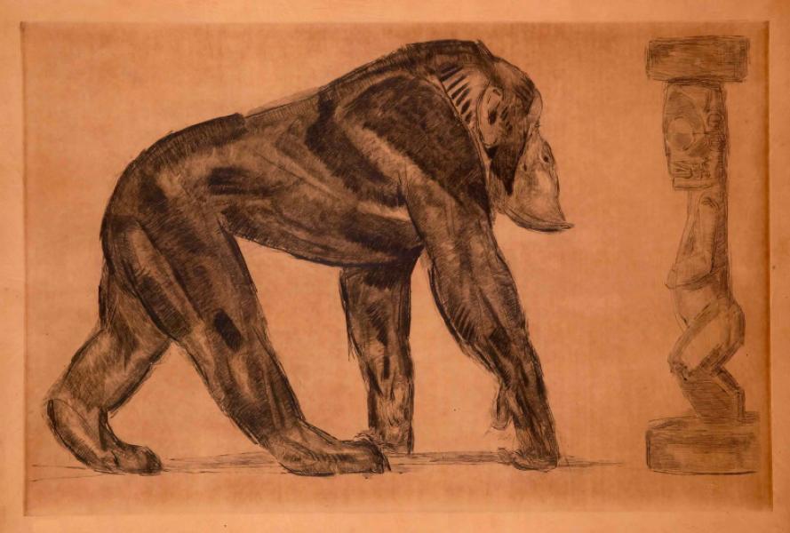 Chimpanzé à la statue Baoulé, c.1912