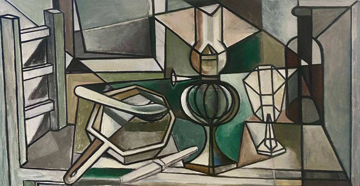 Nature morte chaise, lampe à huile, poêle, juillet 1991 Georges-Henri PESCADERE