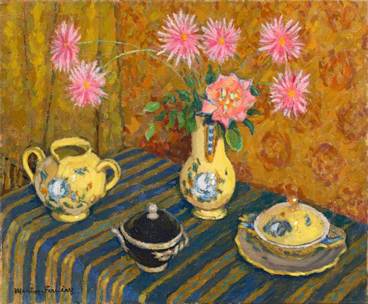 Dahlias "chrysanthème" rose dans 3 vases Montpellier (jaune)