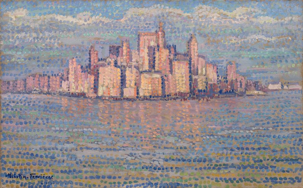 New York, arrivée le matin dans le soleil, brumeux