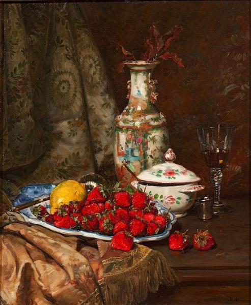 Fraises et citron dans une assiette de Moustiers, vase de Chine.