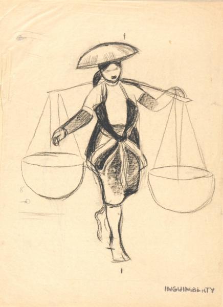 Indochine, travailleur des rizières, croquis