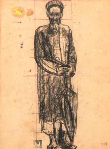 Indochine, vieil homme à l'ombrelle repliée, circa 1935