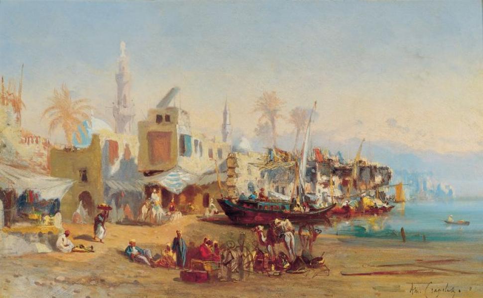 Pêcheurs et mosquée du port de Boulaq, Egypte Louis Amable CRAPELET