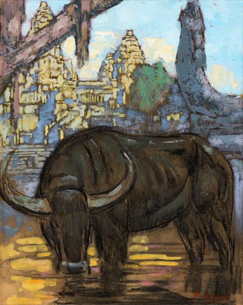Angkor, buffle s’abreuvant, vers 1923