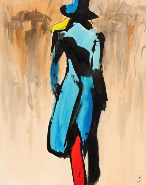Belle silhouette de dos en manteau et chapeau, 1975. René GRUAU